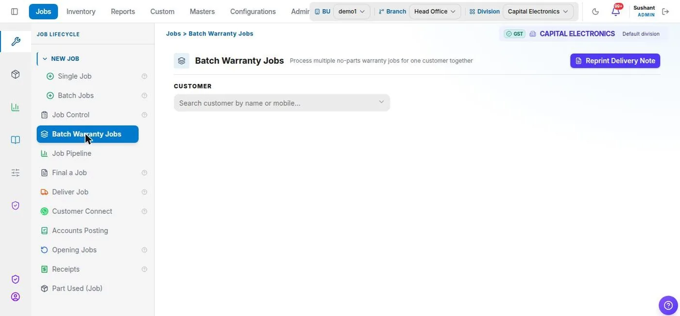 Service+ Batch warranty intake screen