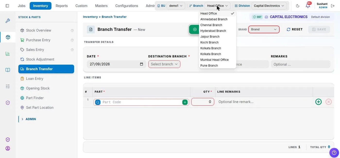 Service+ Switching branches screen