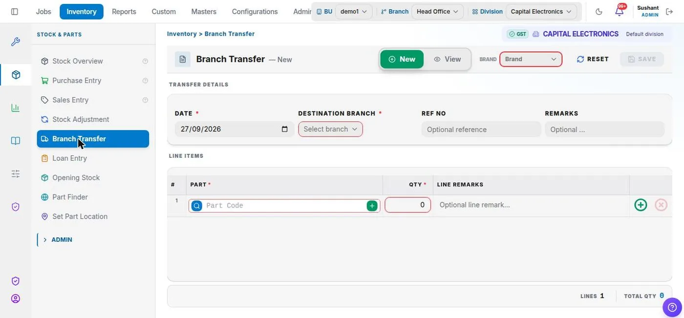 Service+ Branch stock transfer screen