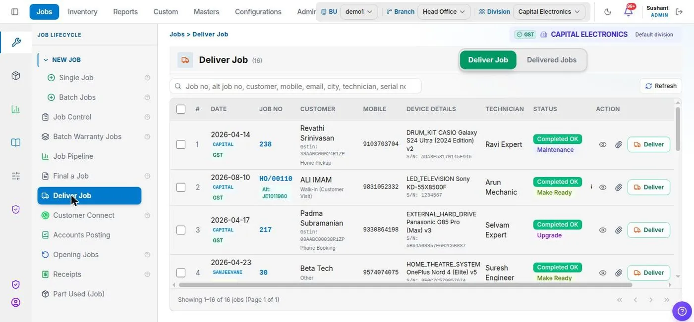 Service+ Deliver a job screen