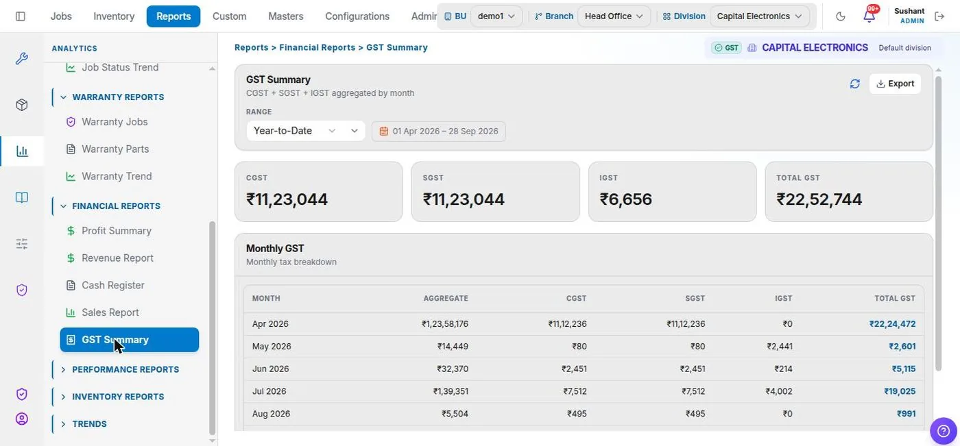 Service+ GST summary screen