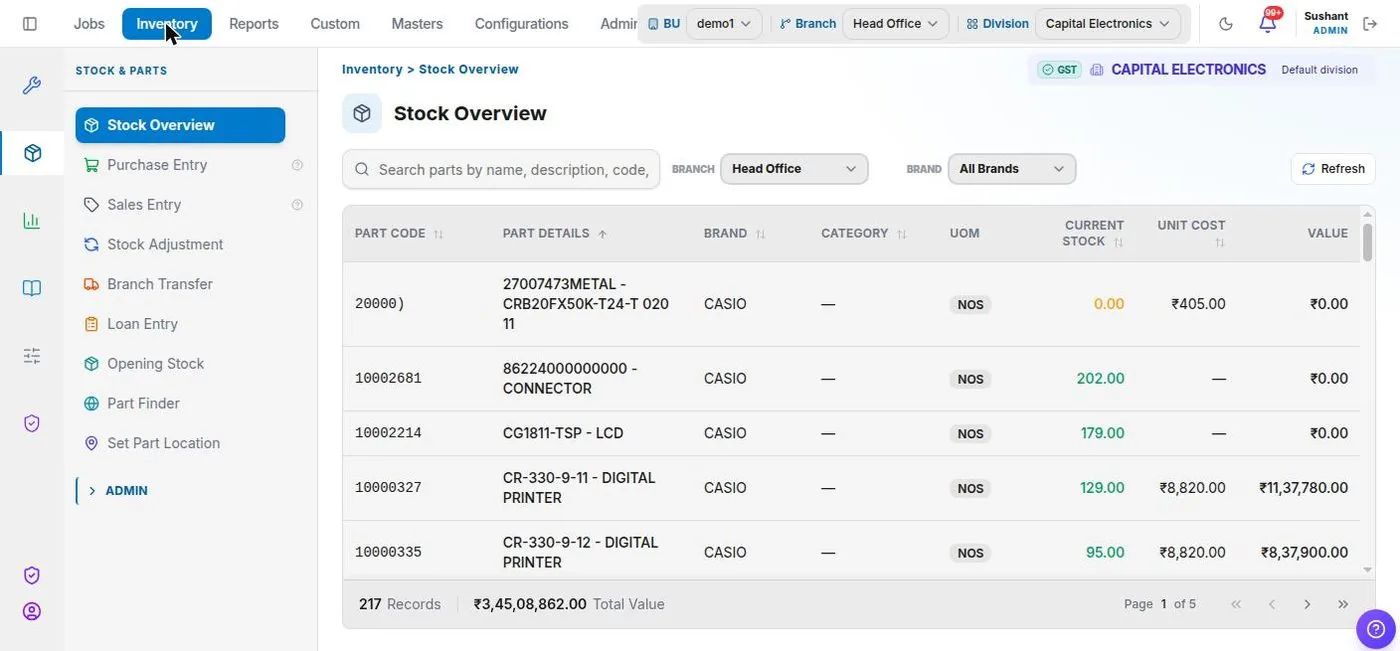 Service+ Stock overview screen