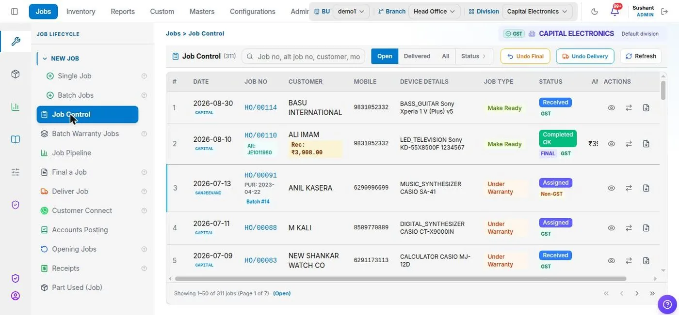 Service+ Job control screen