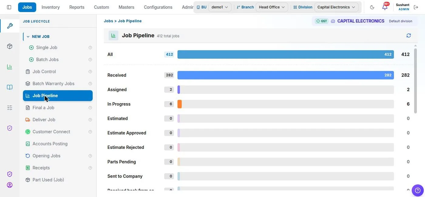Service+ Job pipeline screen