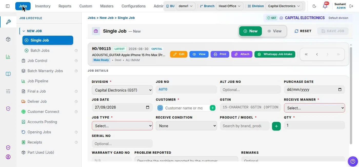 Service+ New job intake screen