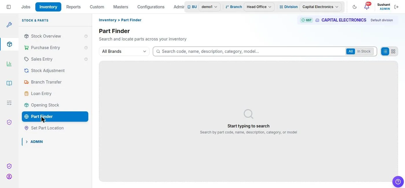 Service+ Part finder screen