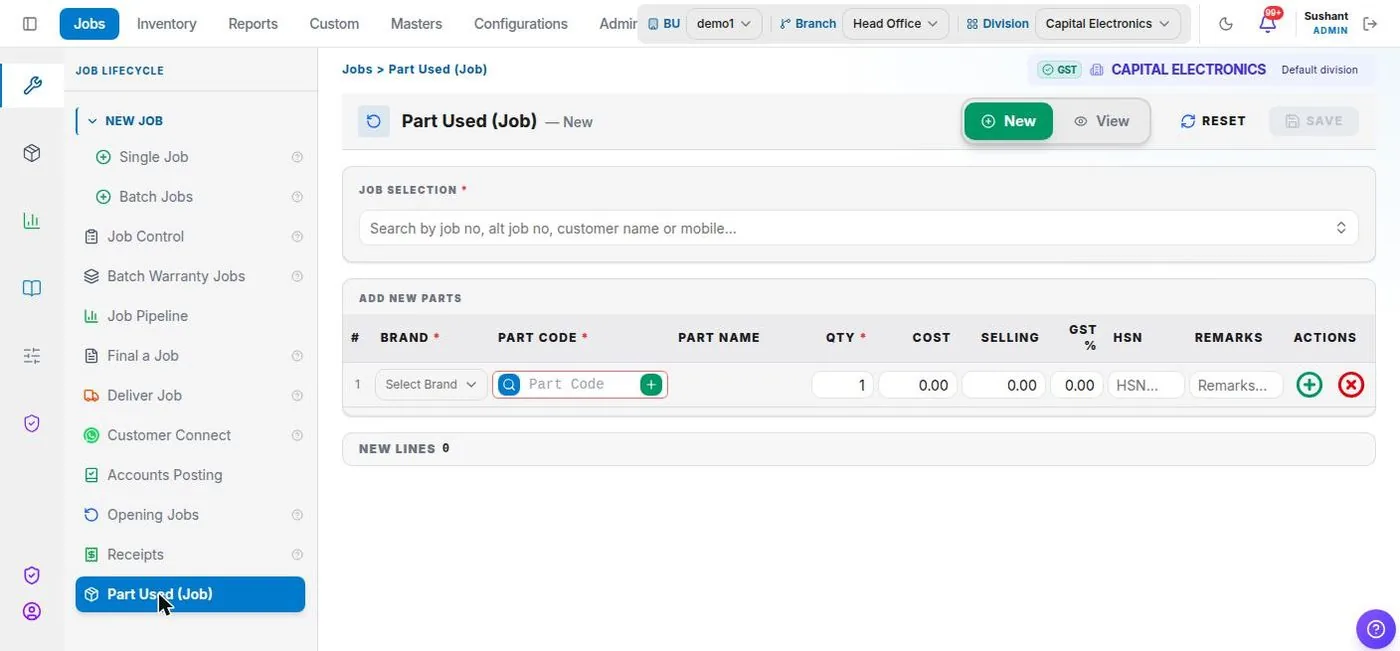 Service+ Parts used on a job screen
