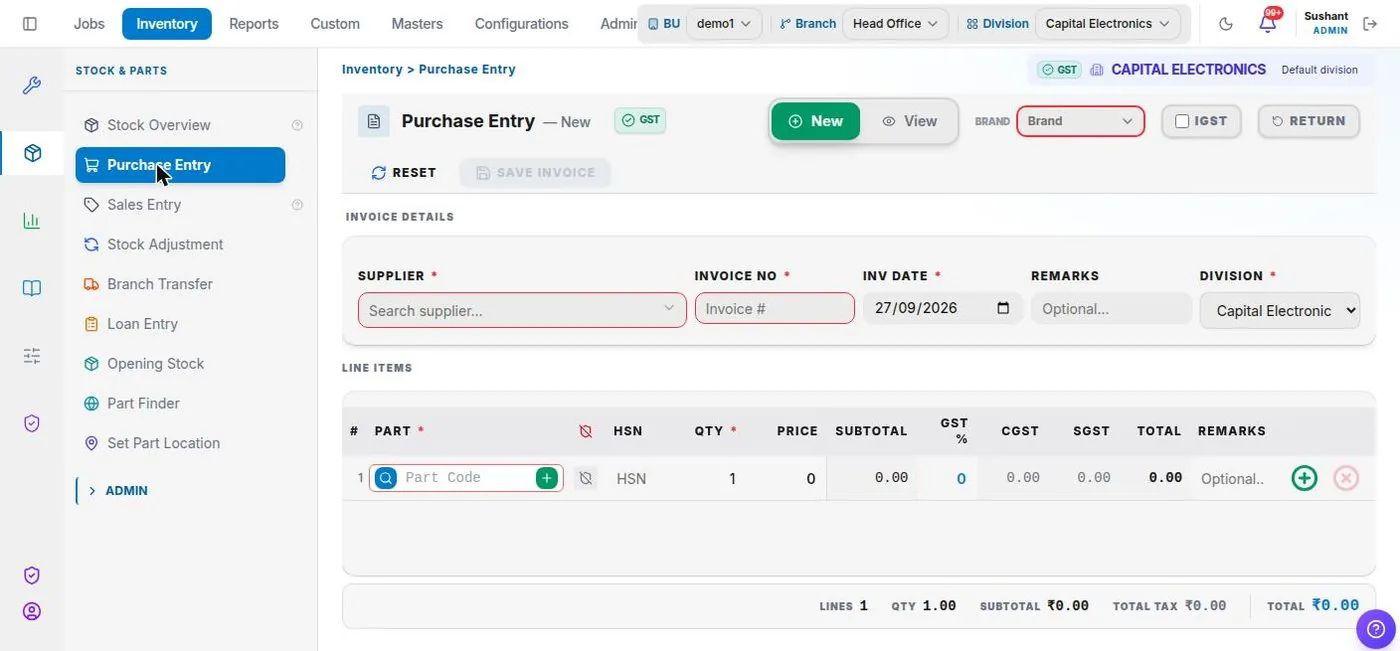 Service+ Purchase entry screen