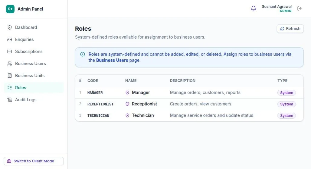 Service+ User roles screen
