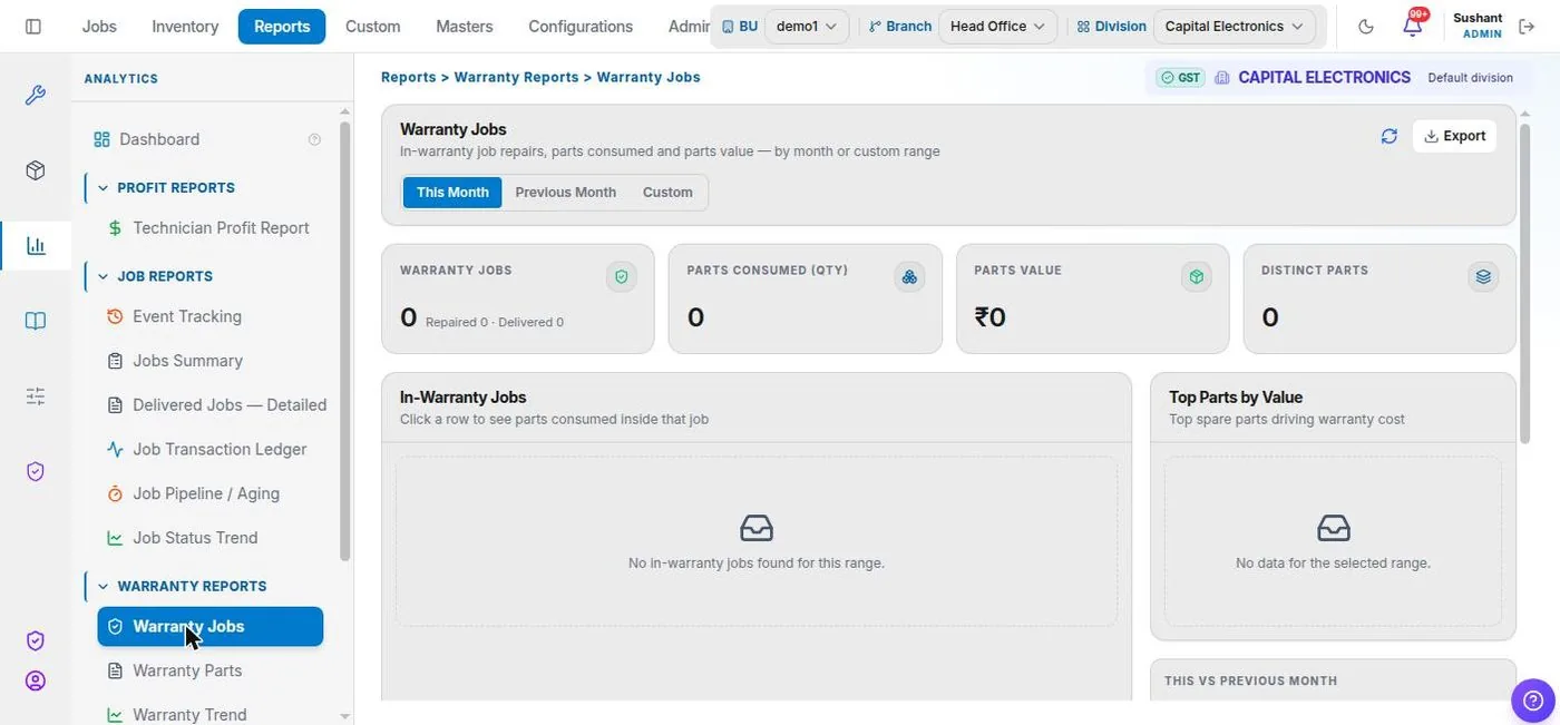 Service+ Warranty jobs screen