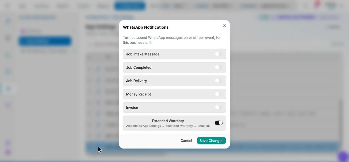 Service+ WhatsApp notification settings screen